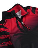 Close-up of a red and black jacket with a brand logo on a white background