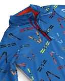 Blue jacket with ski pattern and Spyder branding on a white background