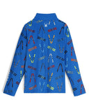 Blue jacket with colorful pattern on a white background