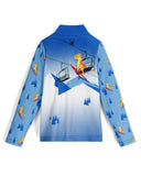 Children's blue long-sleeve shirt with mountain and skier design on a white background