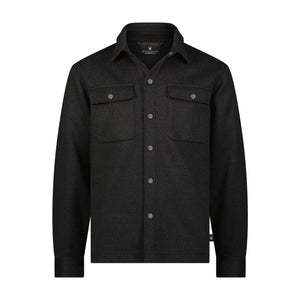 Black shirt jacket with button details on a white background