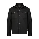 Black shirt jacket with button details on a white background