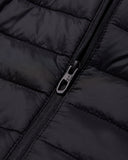 Close-up of a black puffer jacket zipper with a brand logo.