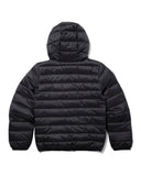 Black puffer jacket with a hood on a white background