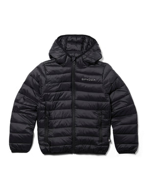 Black puffer jacket with Spyder logo on a white background