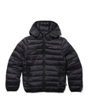 Black puffer jacket with Spyder logo on a white background