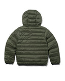 Green puffer jacket with a hood on a white background