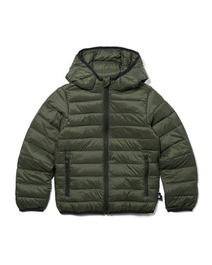 Green puffer jacket with a hood on a white background