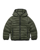 Green puffer jacket with a hood on a white background