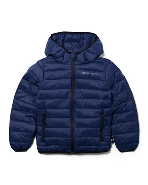 Blue puffer jacket with a hood on a white background