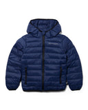 Blue puffer jacket with a hood on a white background