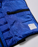 Blue jacket with a zipper and brand label on a white background