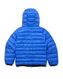 Blue puffer jacket on a white background