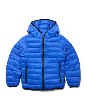 Blue puffer jacket with black accents on a white background