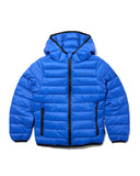Blue puffer jacket with black accents on a white background