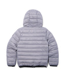 Back view of a light gray puffer jacket on a white background