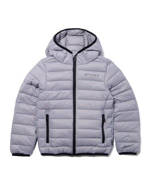 Gray puffer jacket with black accents on a white background