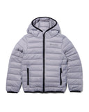 Gray puffer jacket with black accents on a white background