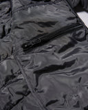 Close-up of a black jacket with a zipper on a white background