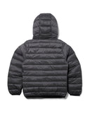 Black puffer jacket with a hood on a white background