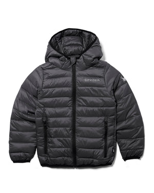 Dark gray puffer jacket with hood on a white background