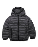 Dark gray puffer jacket with hood on a white background