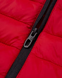 Close-up of a red puffer jacket with a black zipper