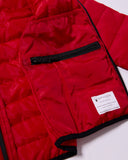 Red puffer jacket with a Spyder label on a white background