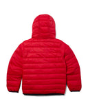 Red puffer jacket on a white background