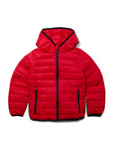 Red puffer jacket with black accents on a white background