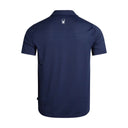 Navy blue polo shirt with a logo on the chest against a white background