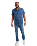 Mens Short Sleeve Heather Mini Stripe - Crystal Blue