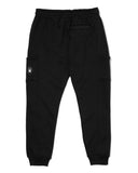 Black cargo jogger pants with a small logo on a white background