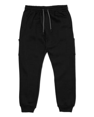 Black sweatpants with a drawstring on a white background