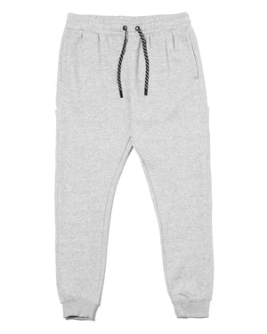 Gray sweatpants with a drawstring on a white background