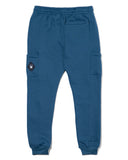 Blue jogger pants with a small logo on a white background