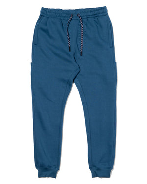 Blue sweatpants with a drawstring on a white background
