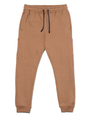 Brown sweatpants with a drawstring on a white background