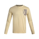 Beige long-sleeve shirt with a logo on a white background