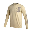 Beige long-sleeve shirt with a logo on a white background